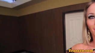 Tanlined latina tgirl jerking her cock bts