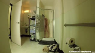 voyeur shower after petite girls enjoys being gangbanged.