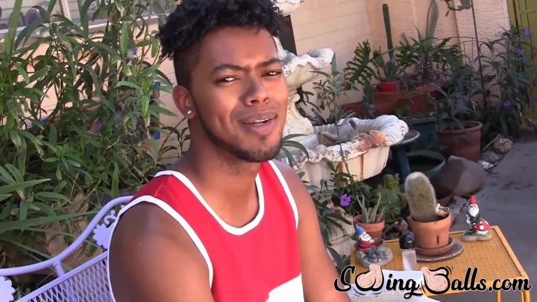 Young ebony guy shows off his balls and jerks off solo