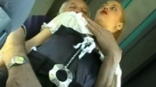 Young girl in sexy waitress outfit groped by old man on bus