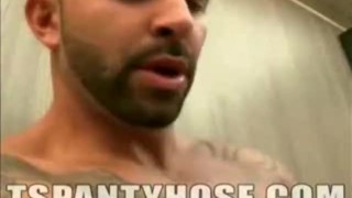 Blond tranny showing off pantyhose before brutally fucked in the