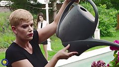 Busty mother fucks young daughter outdoor