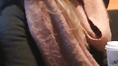 Coffee drinking girl in very tight jeans on candid camera