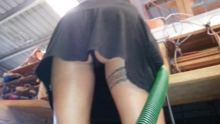 Upskirt in the woodshop with little thong panties – Lydia