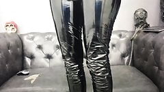 Camgirl in PVC Leggings and High Heels inserts Anal Dildo