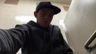 Handsome young stud caught masturbating in public bathroom