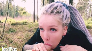 OUTDOORS BLOWJOB, teenage nympho in the forest gets cum on face – Red Fox