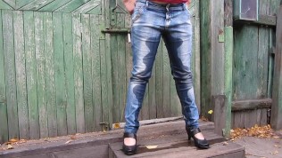 pissing in jeans and shoes