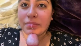 Shy teen gives hot quickie blow job. First swallow!