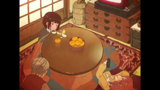 Two lesbian anime girls rub each other under table