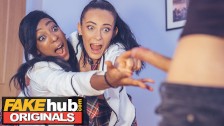 FAKEhub Lucky Guy Gets His Big Cock Sucked By Two College Girls