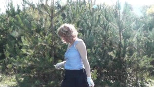 Naked in woods. Under skirt without panties