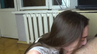 Oral creampie. Brunette with a long tongue. DeepThroat. Blowjob.