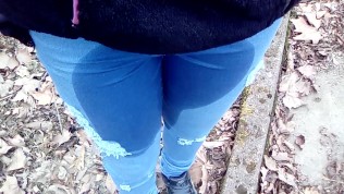 Pee in jeans outdoor
