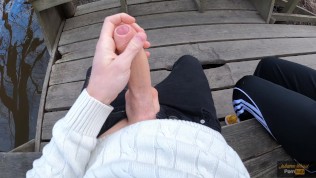 Caught while finish me off! Public handjob by cute teen
