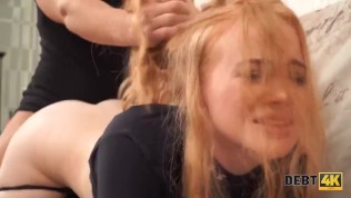 debt4k. cunning lucky guy fucks shaved wet pussy of red-haired cutie