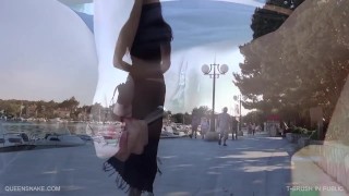 Flashing public with toilet brush in pussy