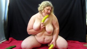 old bbw milf with huge tits fucks her holes with cucumbers and bananas