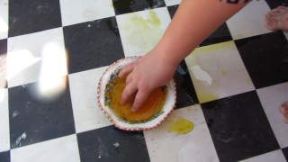 pissing in a cup an old fat village milf with huge tits