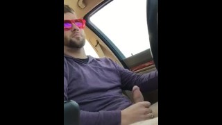 Str8 guy driving and jerking off cock