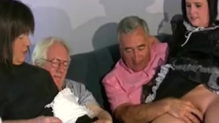 Crossdresser with chubby teen female and two old men