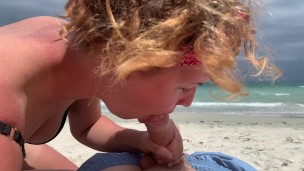 Deep blowjob on the beach, girl in bikini sucking cock, cum mouth outdoors