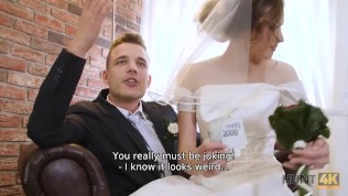 HUNT4K. Beauty in bride dress sucks strangers cock and gets fucked
