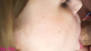 Sucking dick close-up, cum on tongue