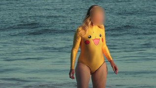Swimsuit pussy shows sheer transparent beach.avi