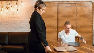 TUTOR4K. MILF wearing official suit makes younger guy go crazy about fucking