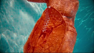 Ginger Girl in Long Red Dress Gets Hairy Pussy Creampie in Swimming Pool