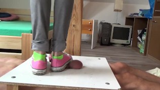 No mercy sneakers cockcrushing. Jump stomp trample full weight on cock ball