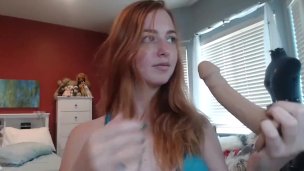 Petite redhead teen footfetish and dildo deep sucking on cam