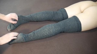 Foot Slave Makes Legs Massage and Feet Tickle, MILF in Wool Stockings