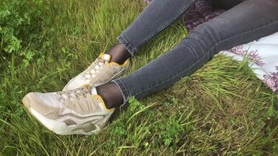 In black tights in the park