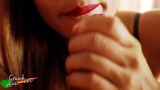 Delicate slow blowjob with red lipstick