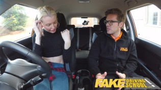 Fake Driving School lesson ends in suprise squirting orgasm and creampie
