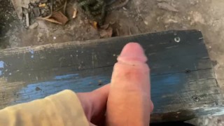 Guy play with his cock in forest