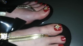 Lady L Sexy Flip Flops and Red Nails with diamonds.(video Short Version)