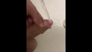 Wash his uncut cock in bathroom