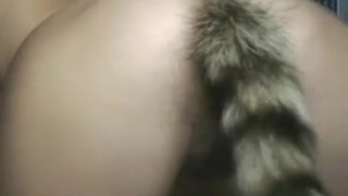 Squirrel tail toy plug in super hairy milf pussy doggy style